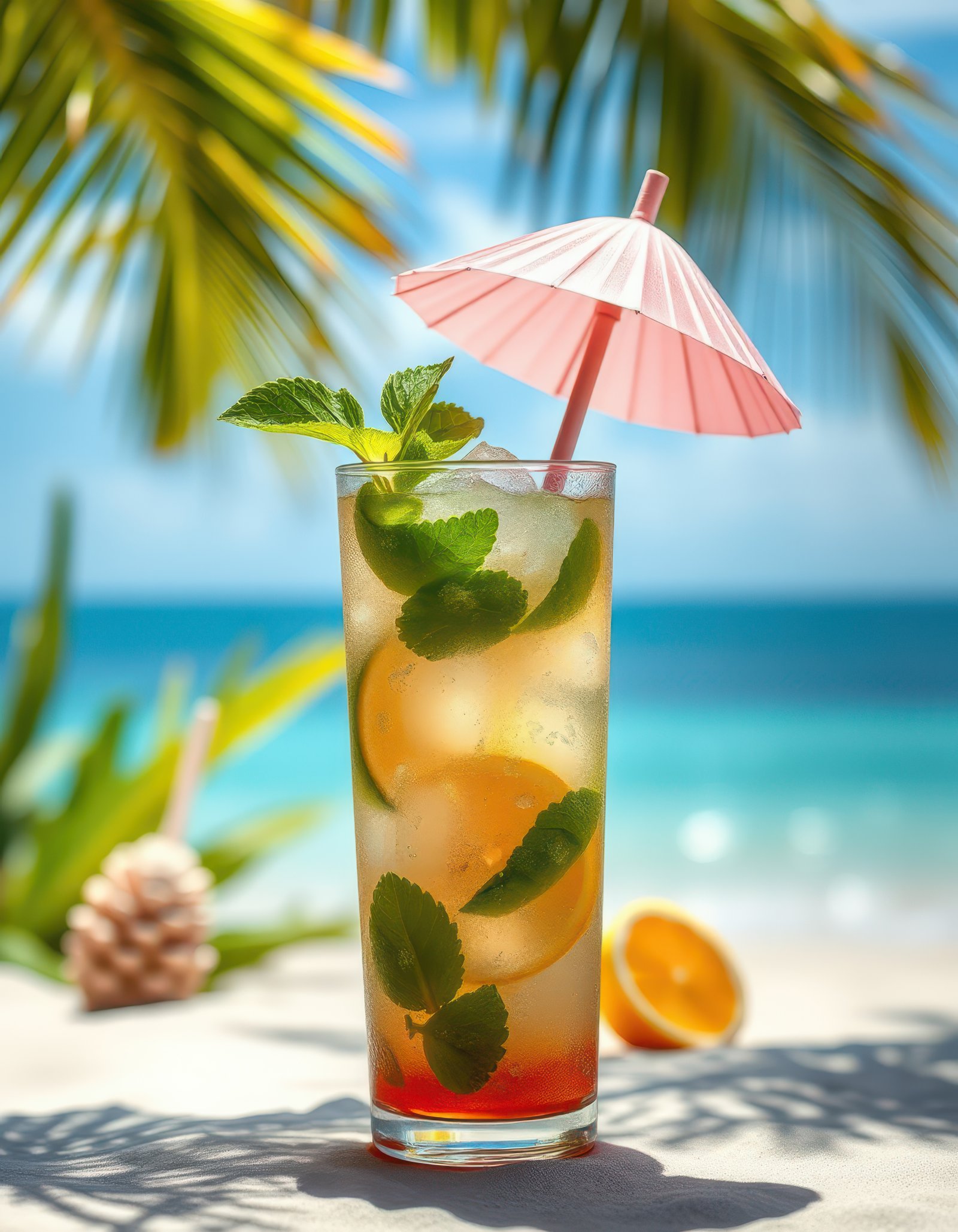 Refreshing tropical drink garnished with mint and lemon at a beach under a clear sky